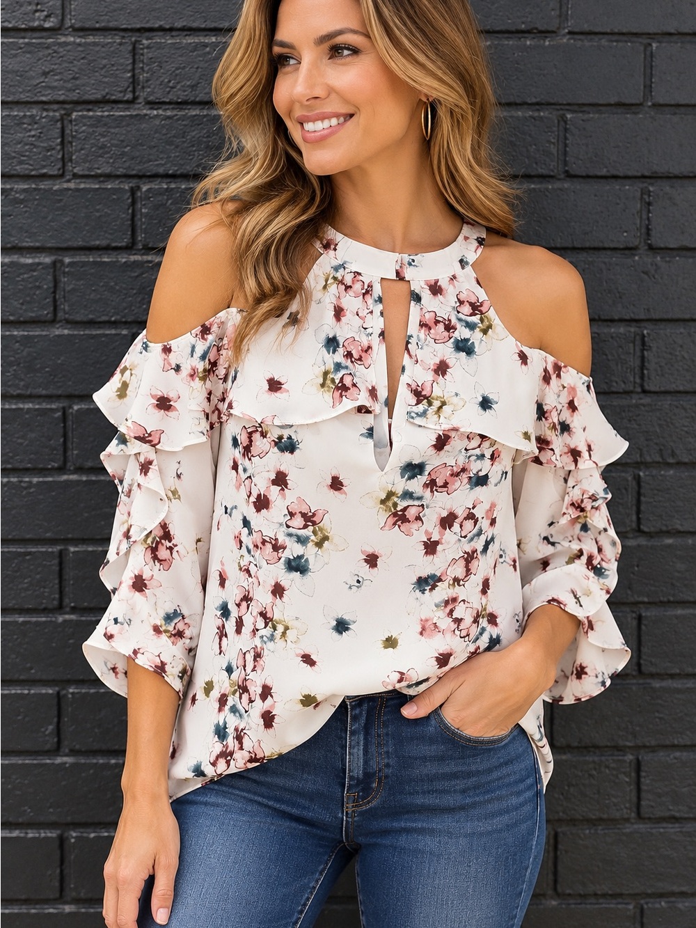 BCBGMaxAzria Ivory Cold-Shoulder Floral Ruffle Blouse
